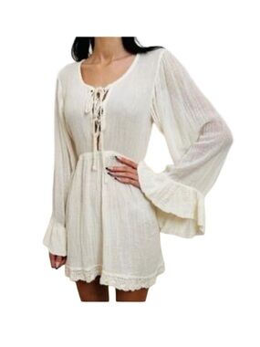 Bohemian gauze lace-up tunic dress Large